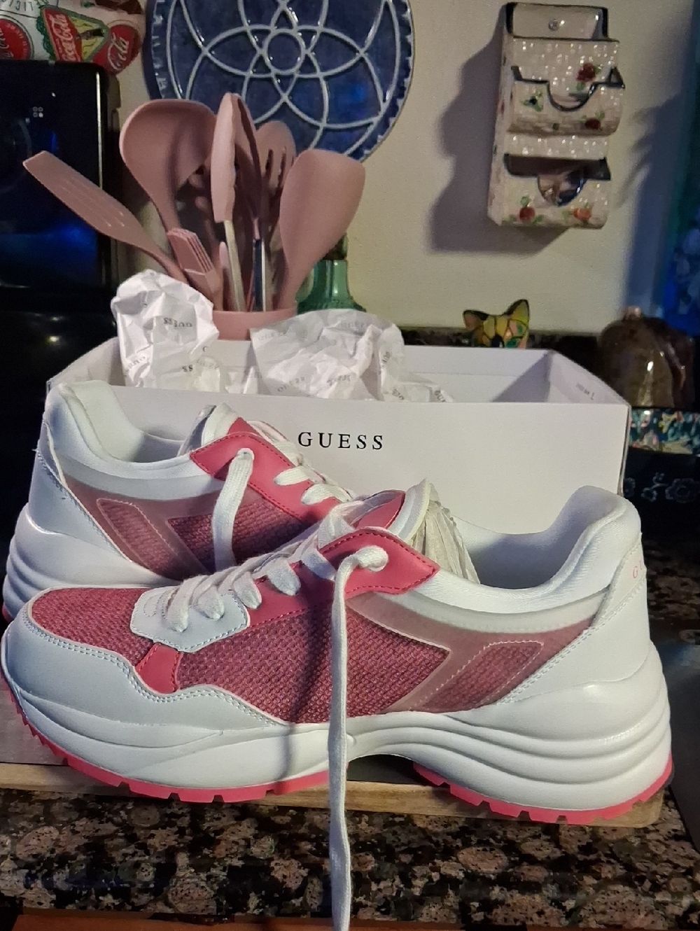 GUESS Pink and White Women's Platform Sneakers